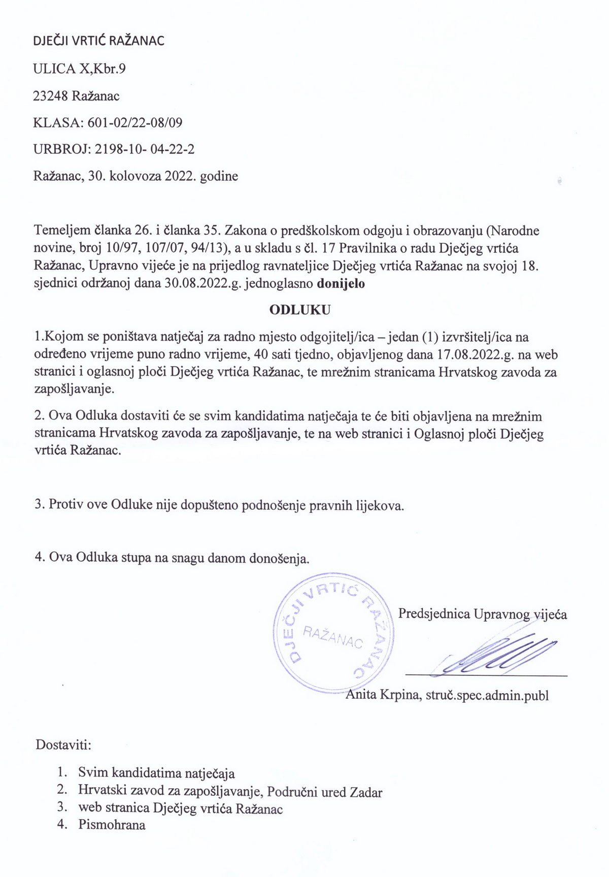 Odluka o poništenju javnog natječaja odgojitelj-ica 30.08.2022.g